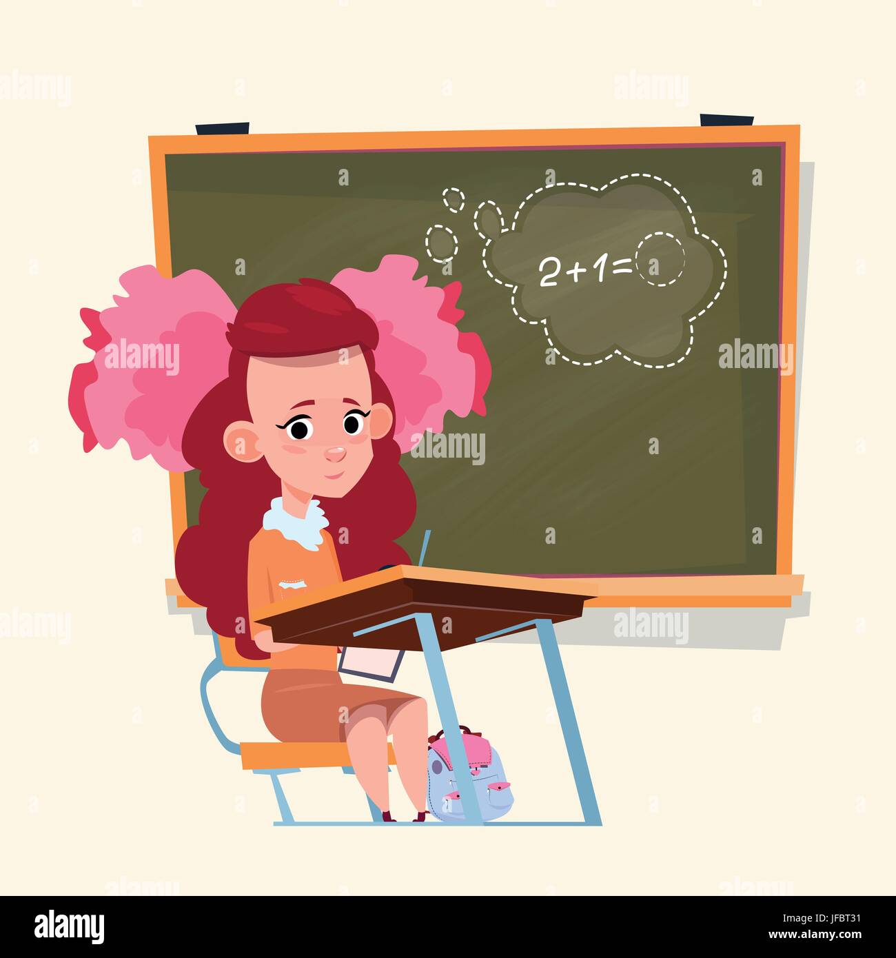 Small School Girl Sit At Desk Over Class Board Schoolgirl Education