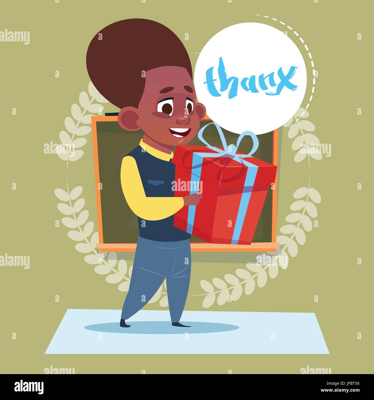 Small School Boy Thanking Hold Present Box Standing Over Class Board
