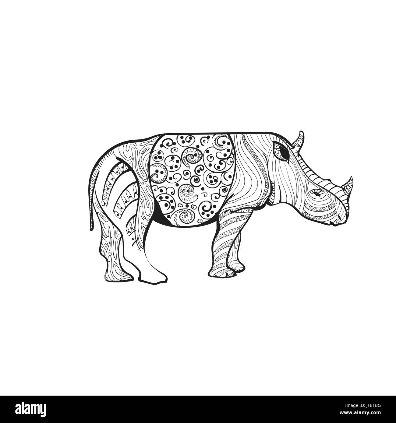 Rhino Drawing Zentangle Animal Full Length On White Background Stock Vector