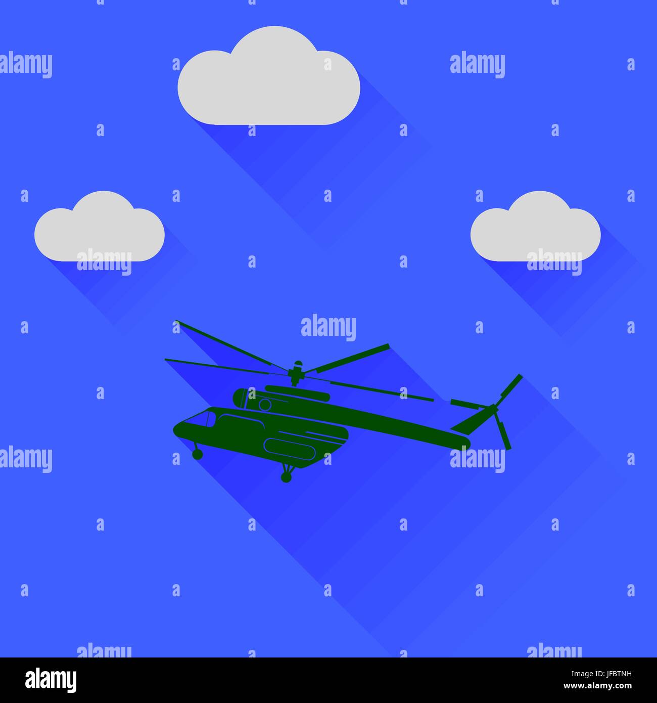Green Helicopter Silhouette on Blue Sky Background. Long Shadow Stock Vector