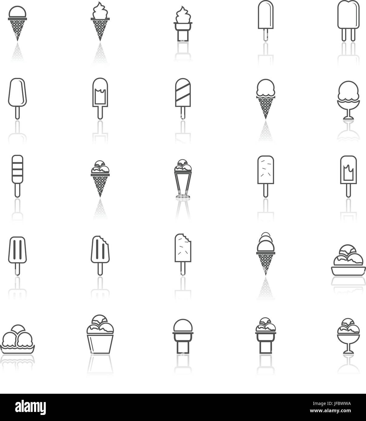 Ice cream line icons with reflect on white background Stock Vector