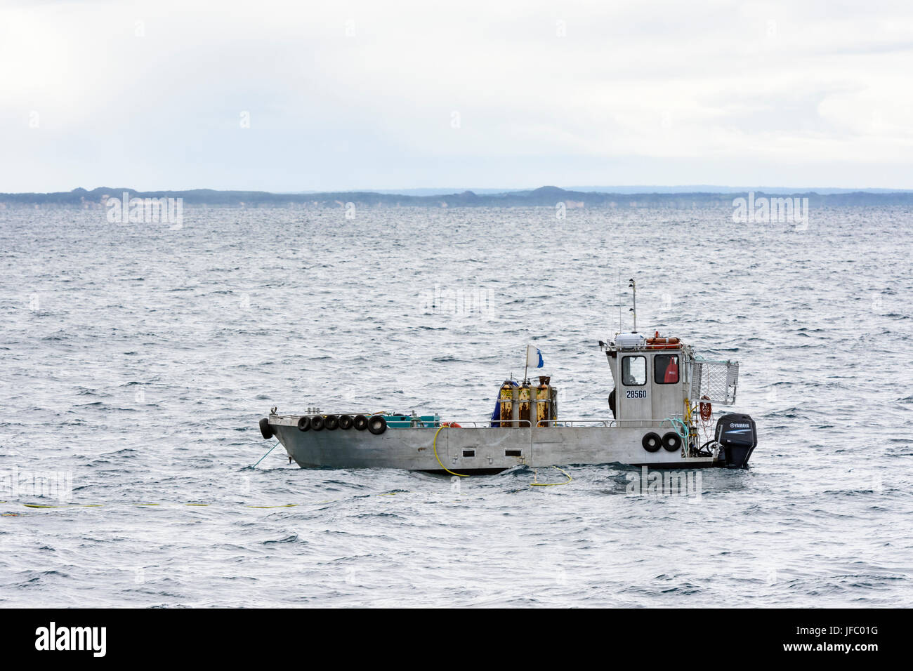 A small dive vessel used in the wild farming of Abalone shellfish in Flinders Bay, off the coast of Augusta, Western Australia Stock Photo