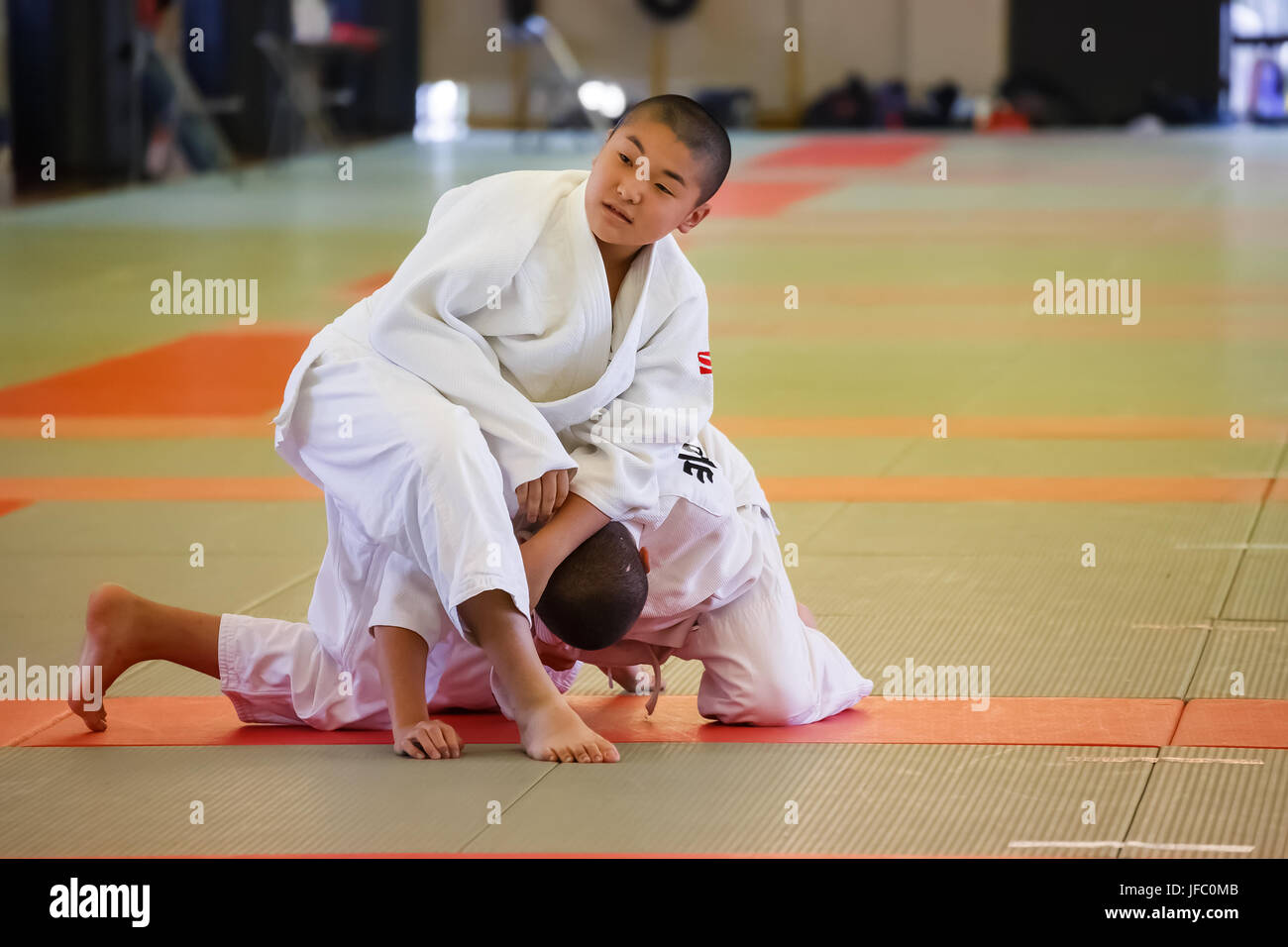 Japanese students attend a Judo class which is a traditional  martial art  at Shudokan hall Stock Photo