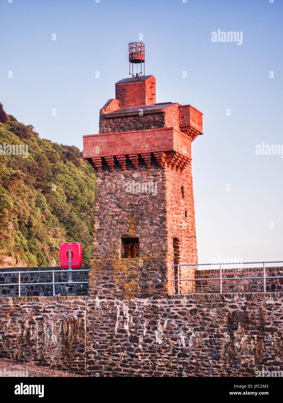 The Rhenish Tower on the quay at Lynmouth, Devon, UK. This tower was built in the 19th Century, modelled on watchtowers on the Rhine, as a salt water  Stock Photo