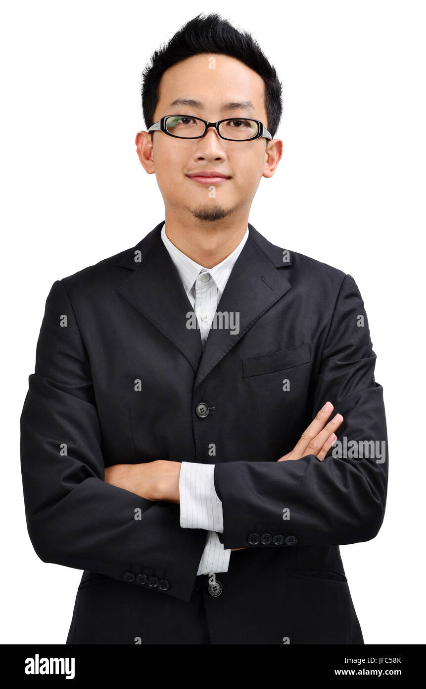 Front view of young crossed arms Asian businessman in full suit ...
