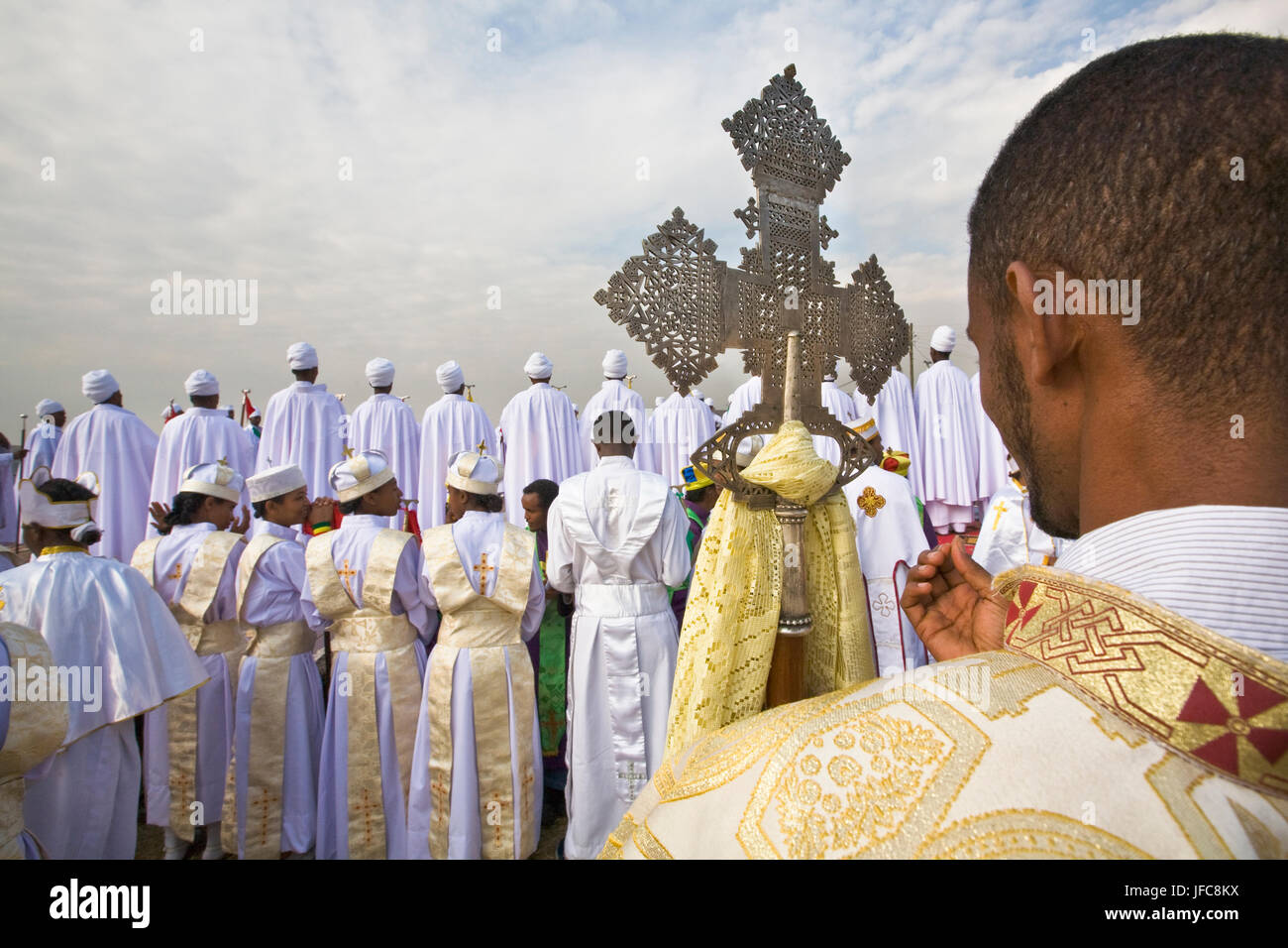 A group of priests is celebrating with white turbans and tunics the 2009 Timkat, the Orthodox Epiphany, in Addis Abeba, Ethiopia. Stock Photo