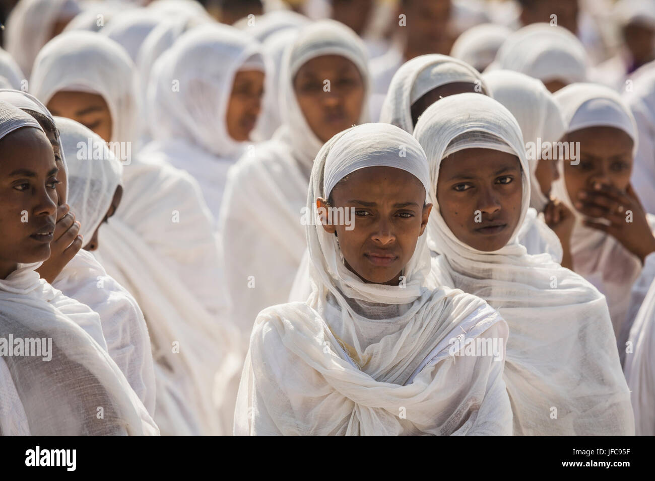 A group of young women is attending the celebrations ot the 2009 Timkat, the Orthodox Epiphany, in Addis Abeba, Ethiopia. Stock Photo