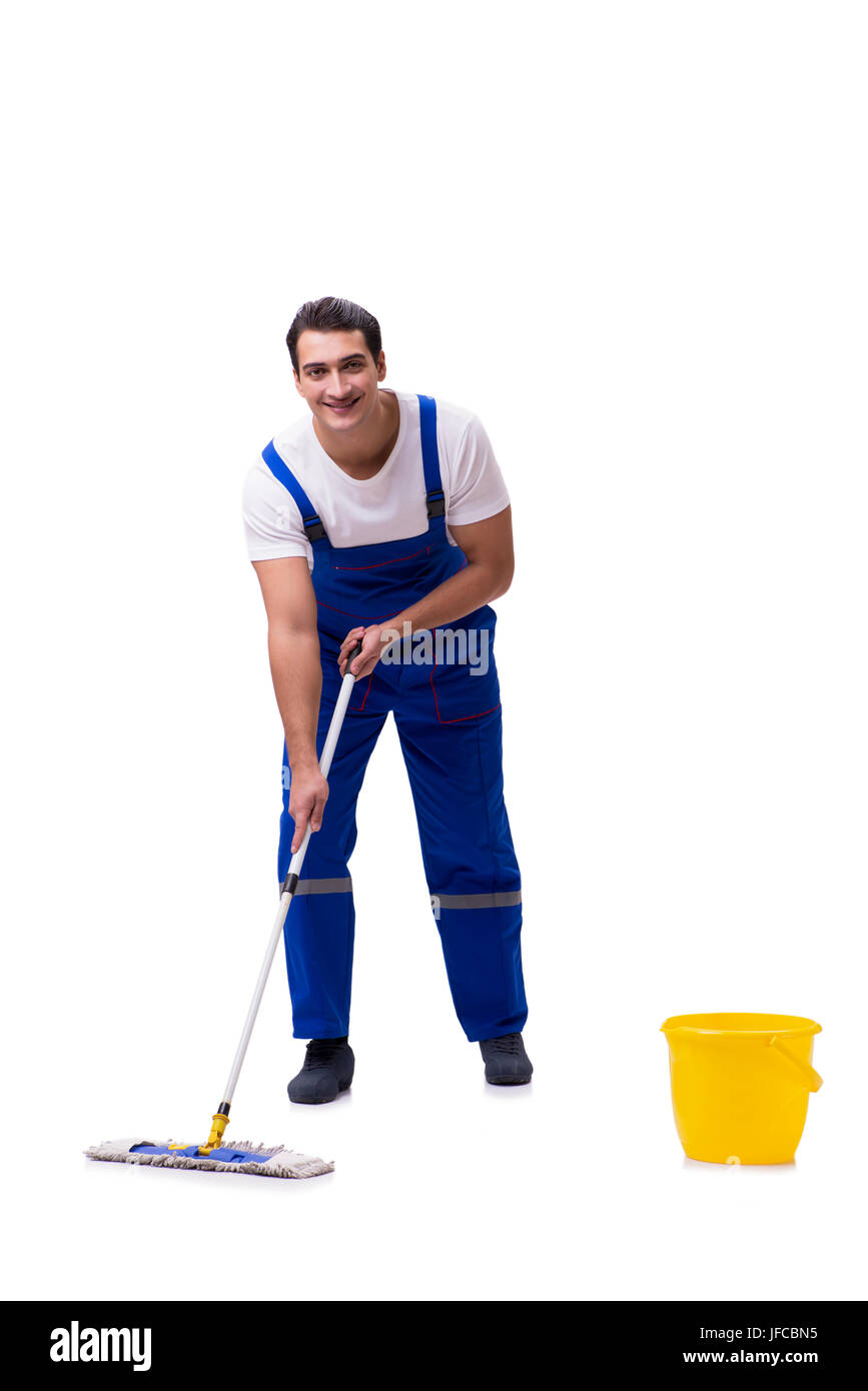Man cleaning floor isolated on white Stock Photo