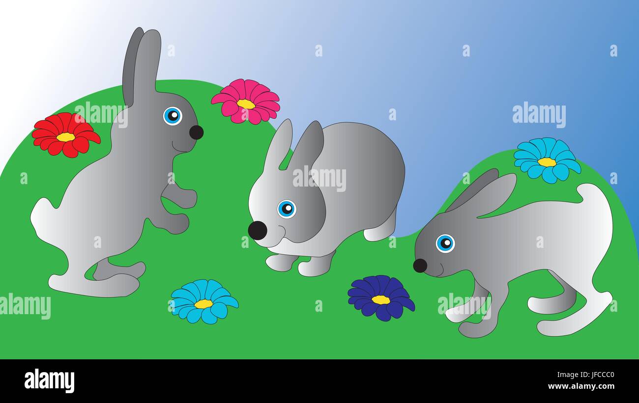 Three gray hares walk in the clearing. Stock Vector