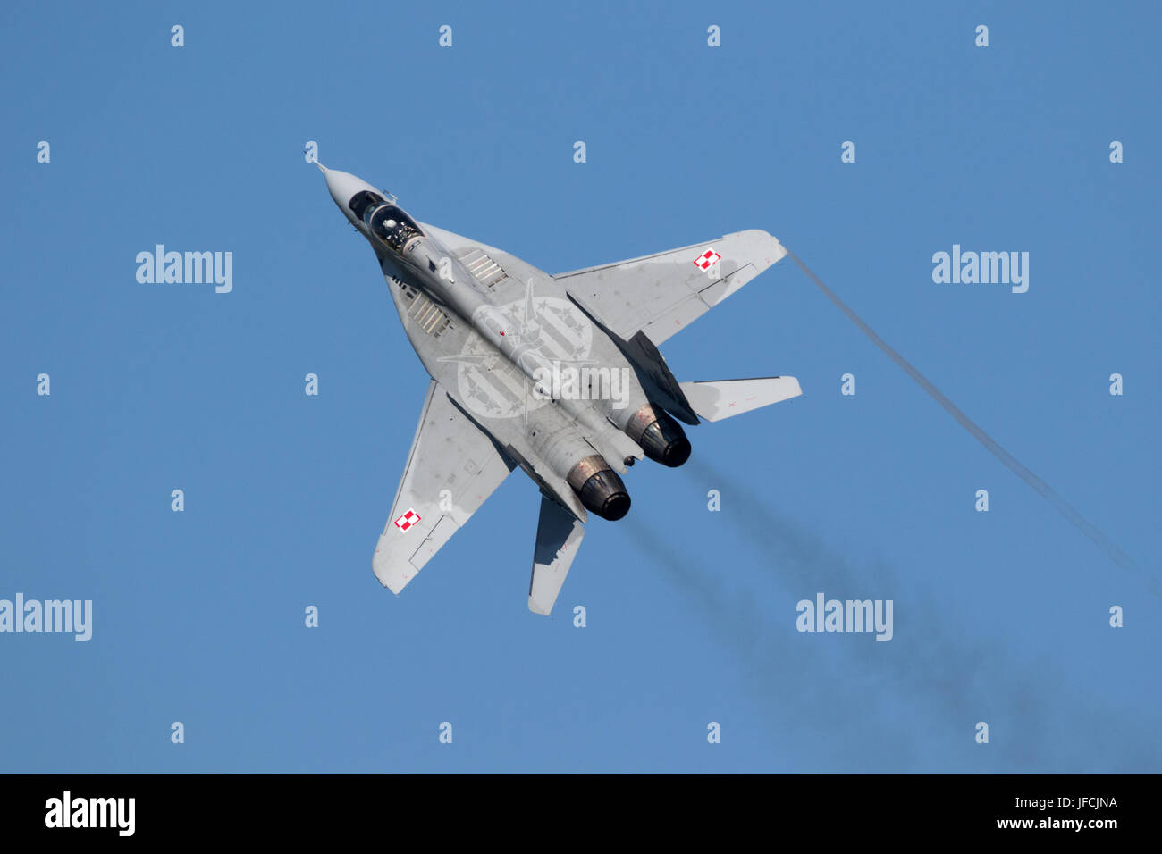 FLORENNES, BELGIUM - JUN 15, 2017: Polish Air Force MiG-29 Fulcrum fighter jet flying over the Florennes Airbase. Stock Photo