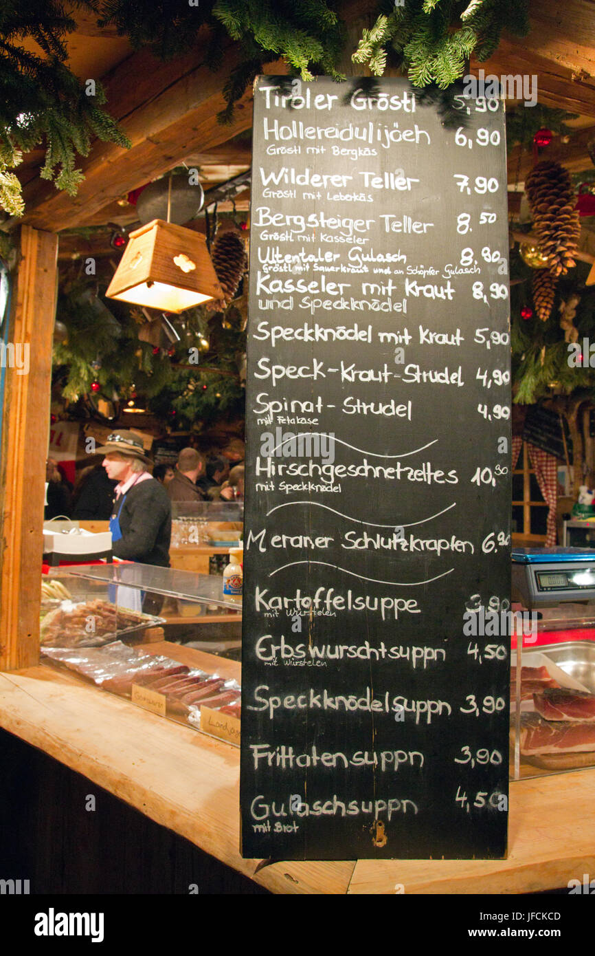 COLOGNE, GERMANY DECEMBER 23 Menu at a food stand during the