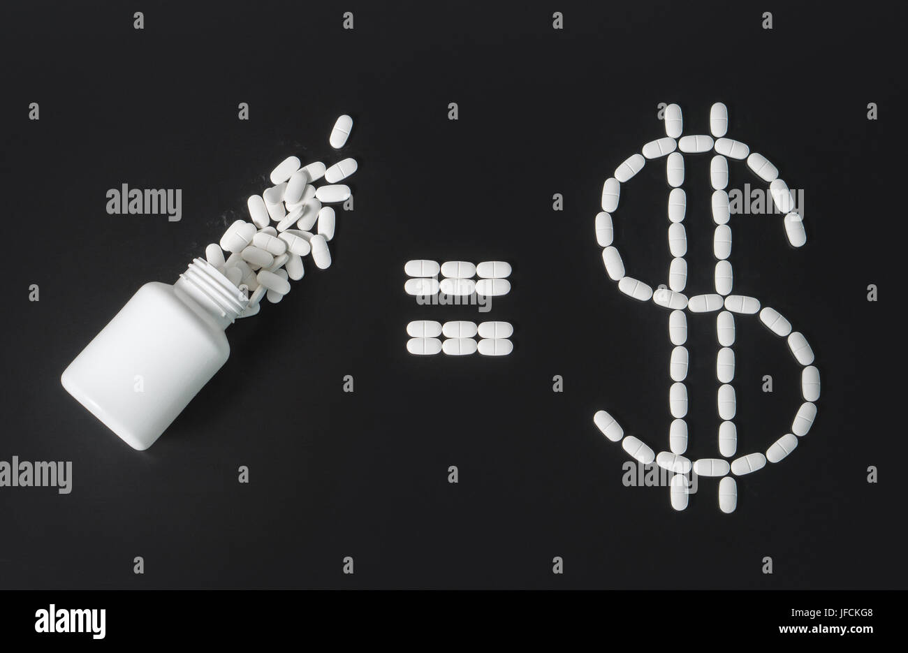 Making money in pharmaceutical industry or high medical expenses. Pill bottle equals dollar sign written with pills. Medicine spilling out. Stock Photo