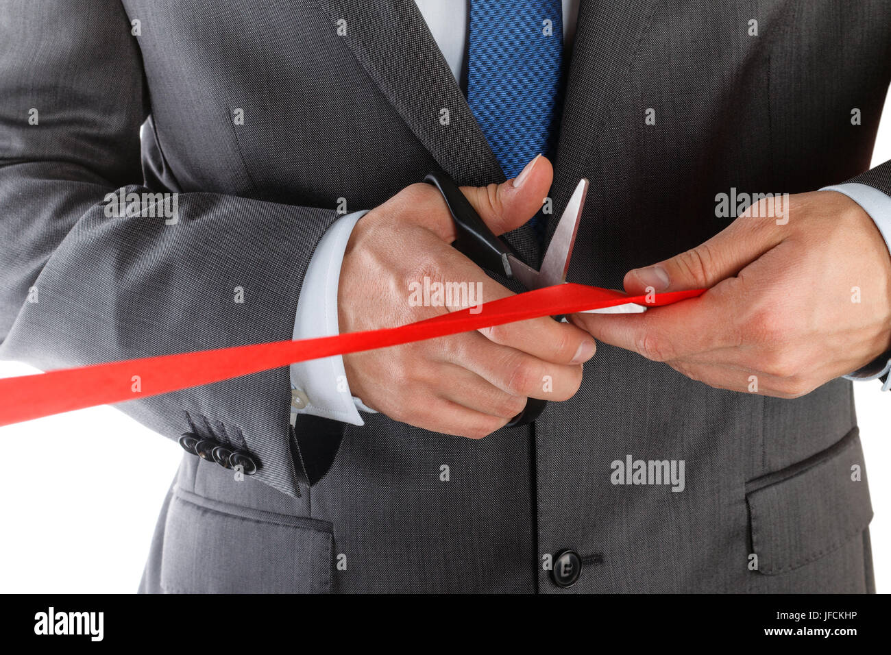 Grand Opening with a scissors and red ribbon on a white background