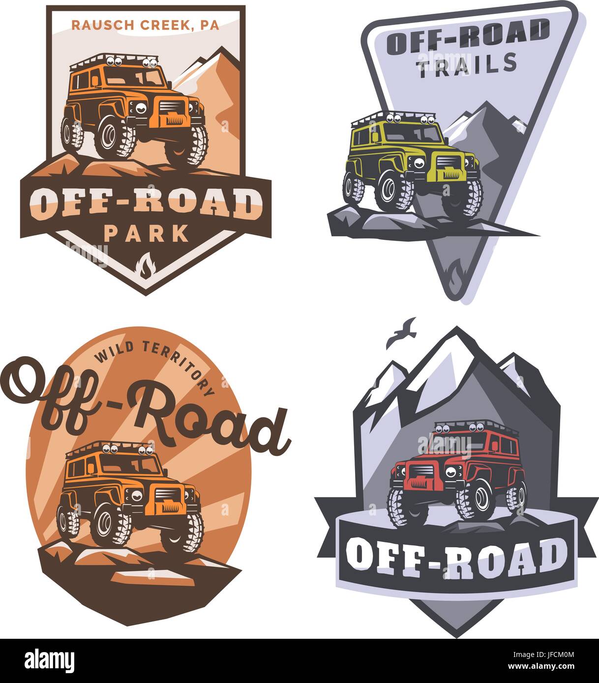 Set of off-road suv car monochrome logo, emblems and badges isolated on white background. Rock crawler car in mountains. Off-roading trip emblems, 4x4 Stock Vector