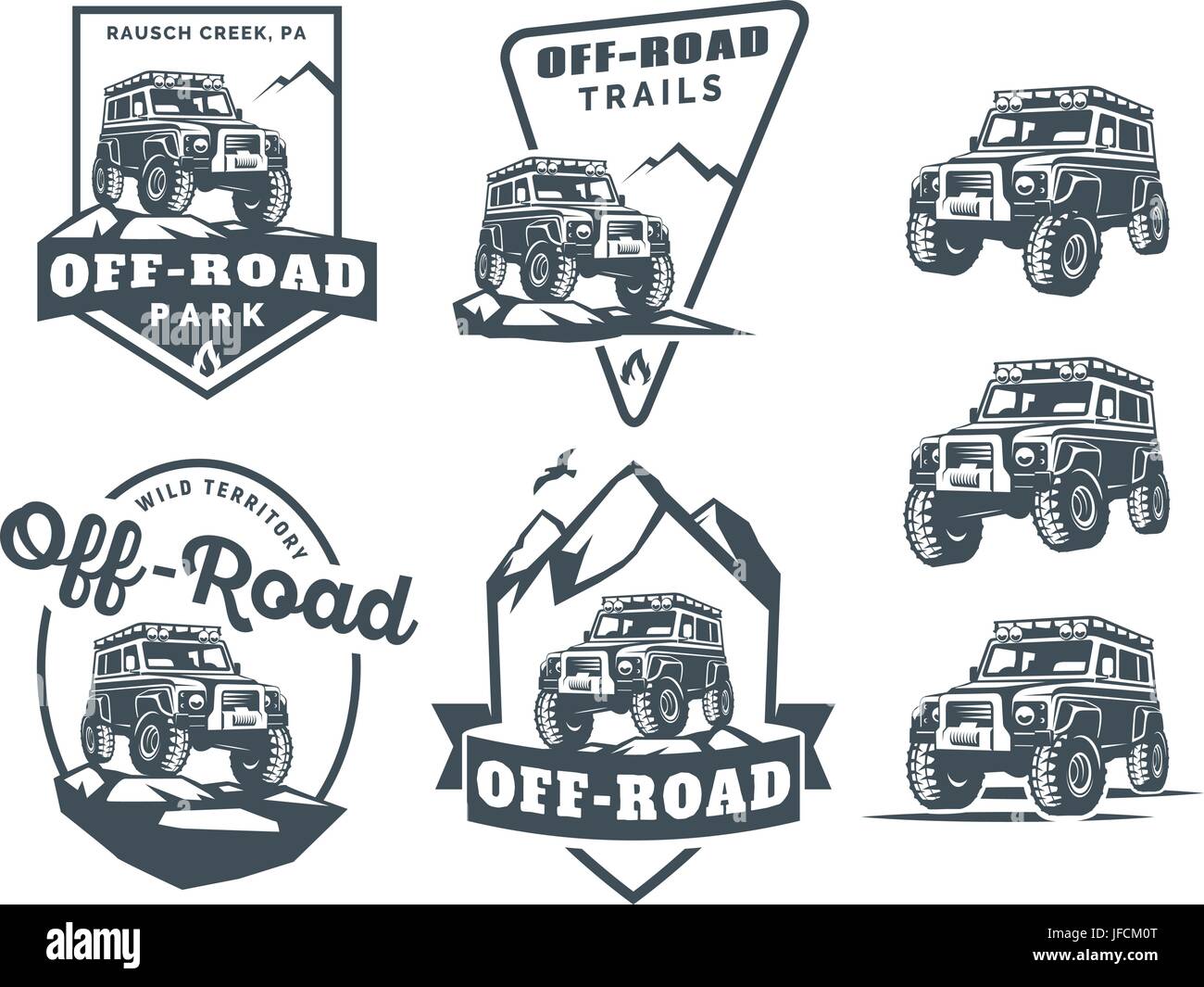 Set of off-road suv car monochrome logo, emblems and badges isolated on white background. Rock crawler car in mountains. Off-roading trip emblems, 4x4 Stock Vector