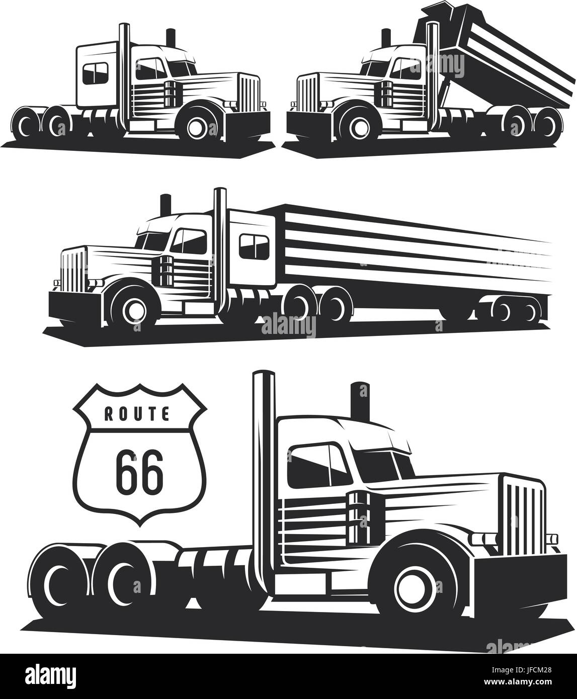 Classic heavy truck illustration isolated on white background. Truck with trailer and tip truck. Vector illustration. Stock Vector