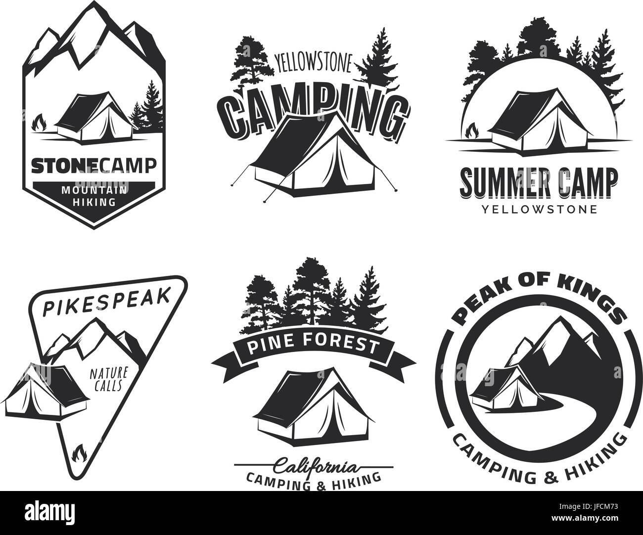 Set of vintage camping and outdoor adventure emblems, logos and badges. Tent in forest or mountains. Camping equipment. Vector. Stock Vector