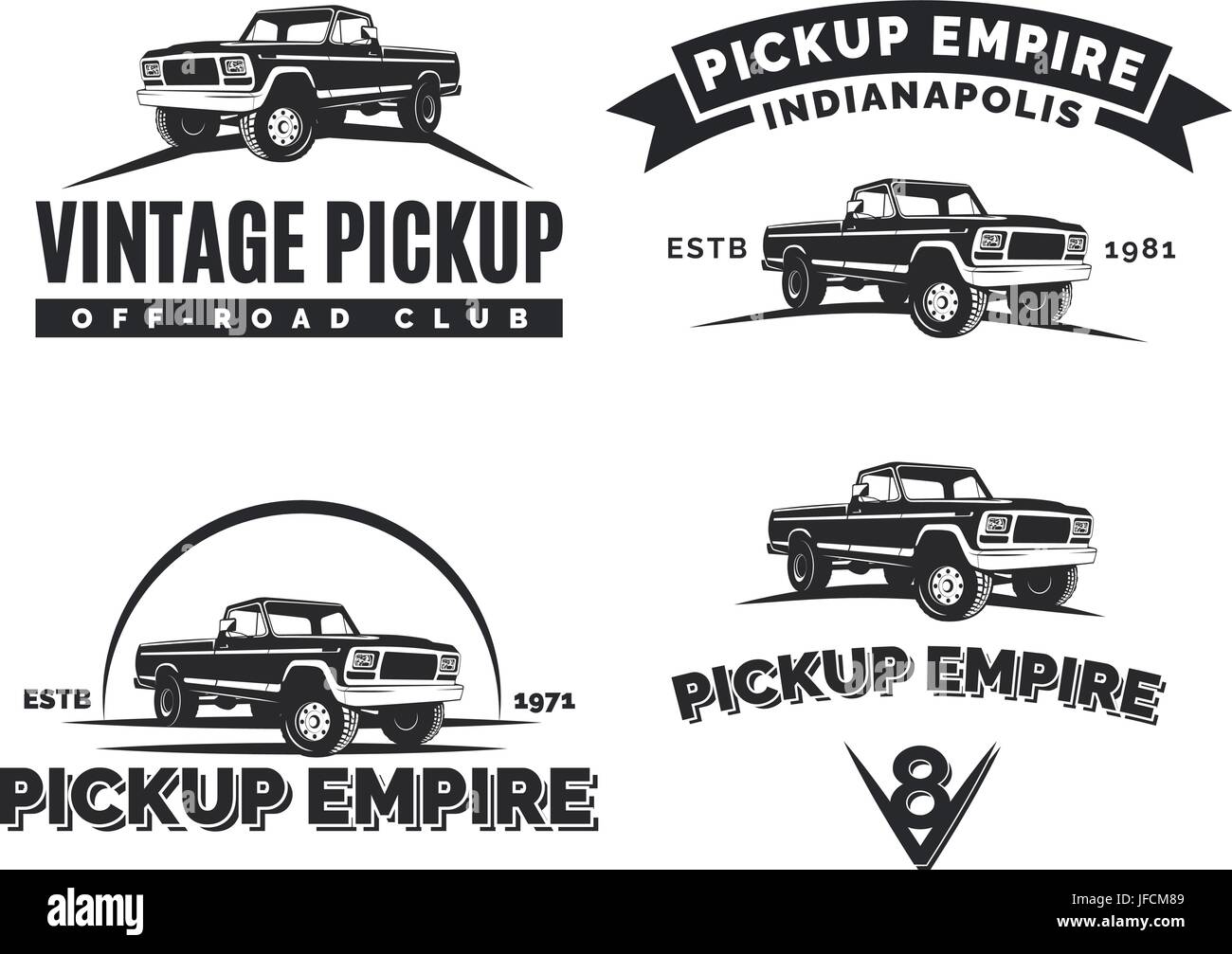 Set of suv pickup car vector emblems, labels and logos. Offroad extreme pickup design elements, 4x4 vehicle illustration. Stock Vector