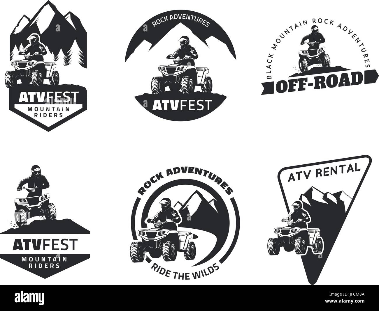 Set of ATV emblems, badges and icons. All-terrain vehicle off-road design elements. Stock Vector