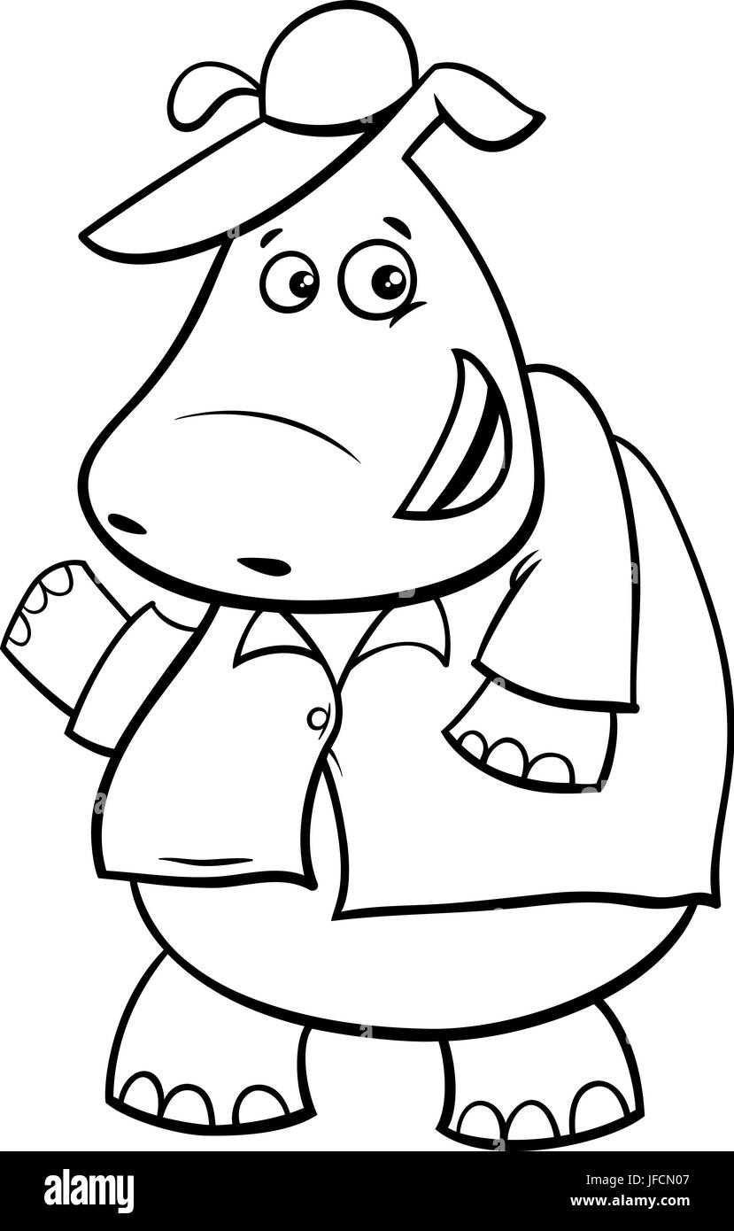 Black and White Cartoon Illustration of Hippopotamus Fantasy Animal Character Coloring Book Stock Vector