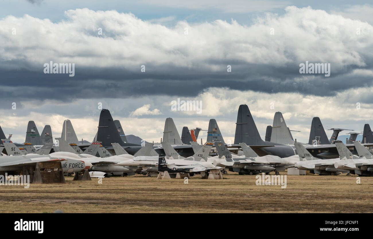 Tails of retired air force planes in Tucson Stock Photo