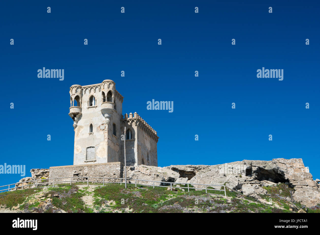 Castle of Alonso Pérez de Guzmán (Guzmán the Good) on the coast of Tarifa, Spain Stock Photo