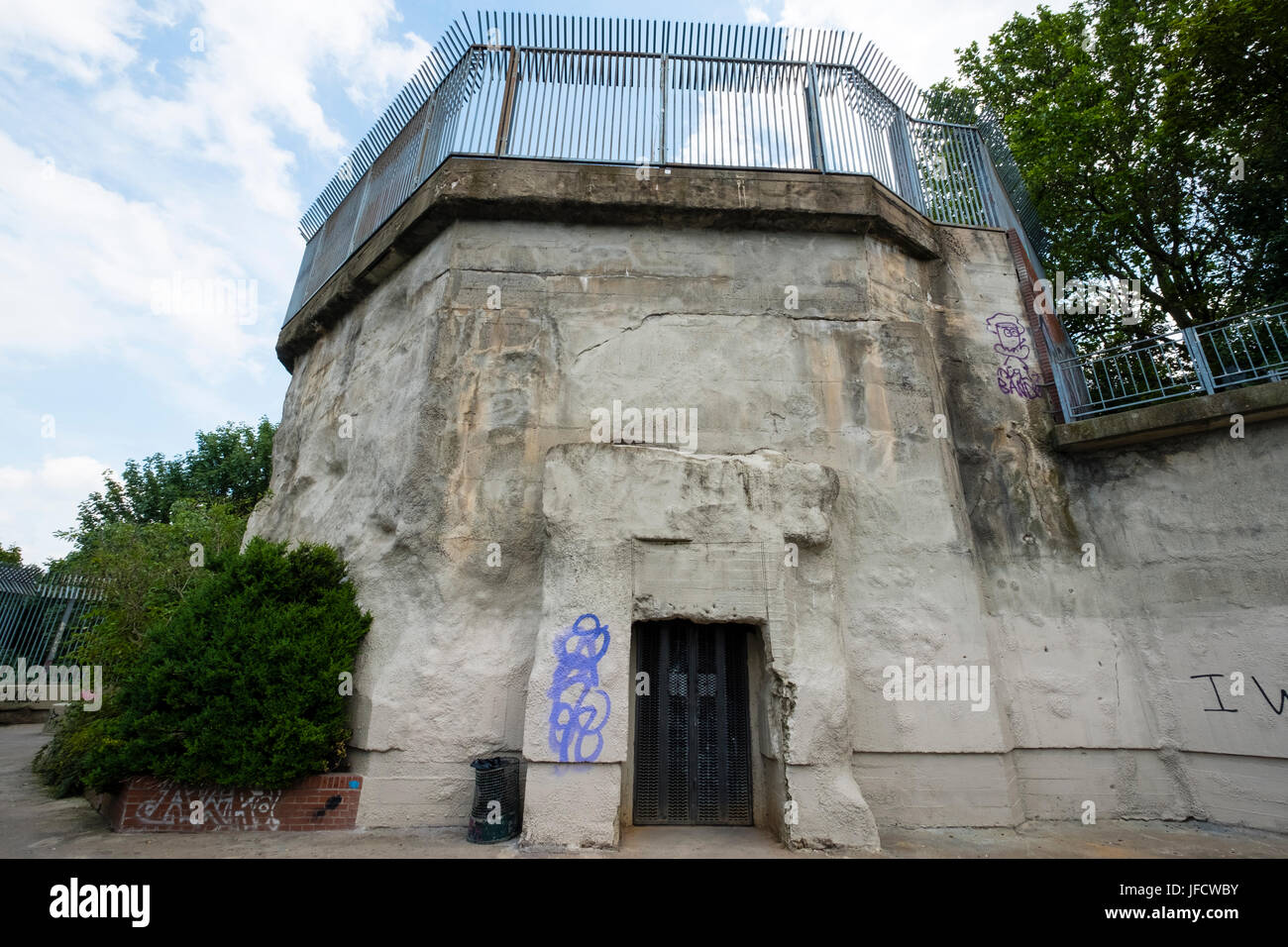 Former Second World War Flak tower at Gesundbrunnen Park in Berlin, Germany Stock Photo