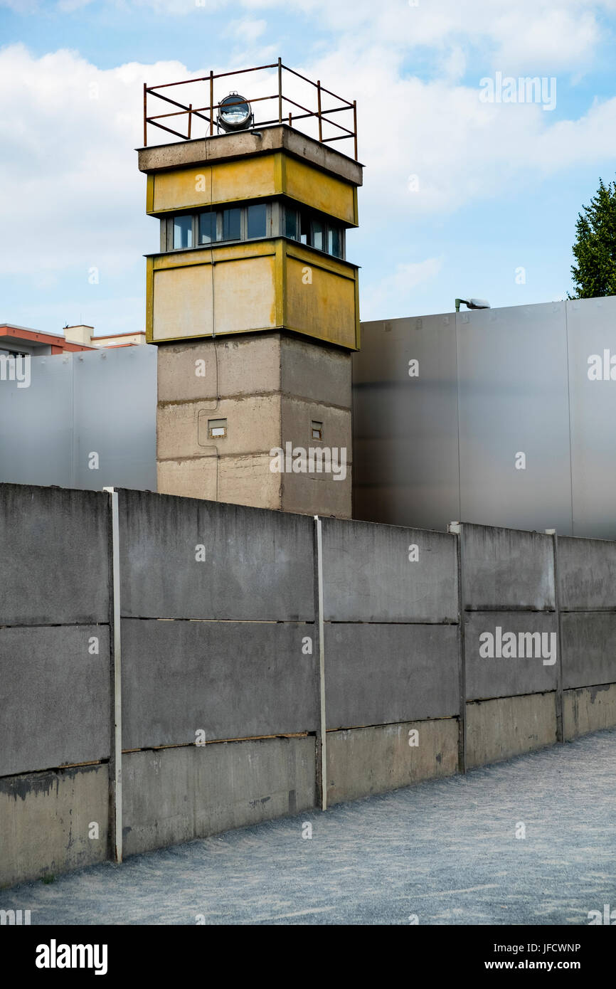 Reconstruction of former Berlin Wall death zone with watchtower at Berlin Wall memorial park at Bernauer Strasse in Berlin, Germany Stock Photo
