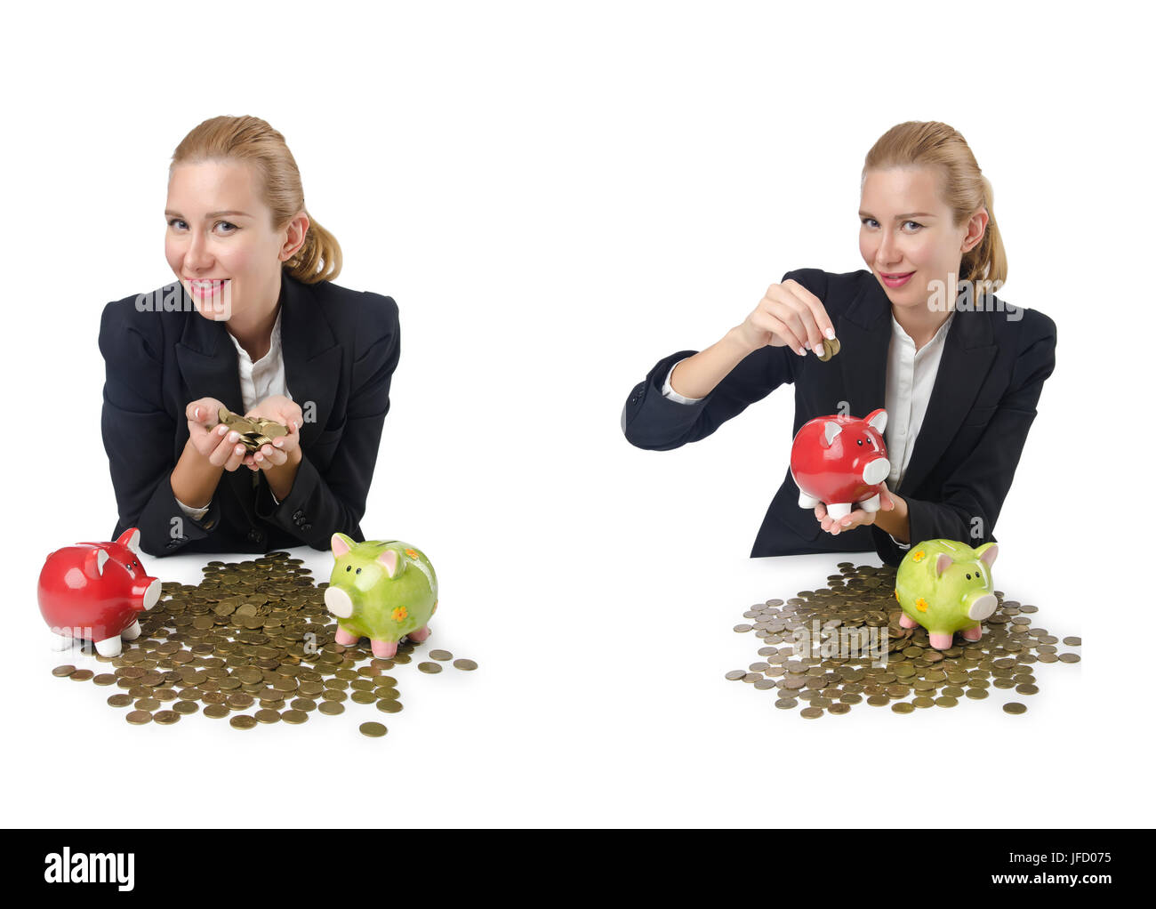 Woman breaking piggy bank for savings Stock Photo - Alamy