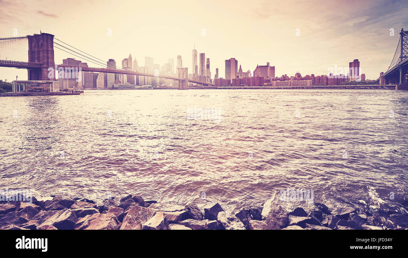 Vintage toned sunset over New York City, USA. Stock Photo