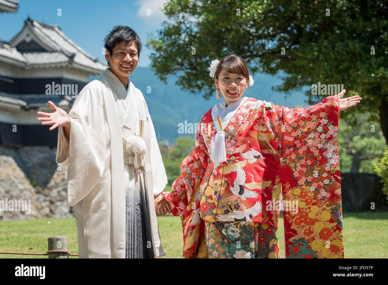 Matsumoto Japan, Bride and Groom wearing tradicional wedding kimono Stock Photo