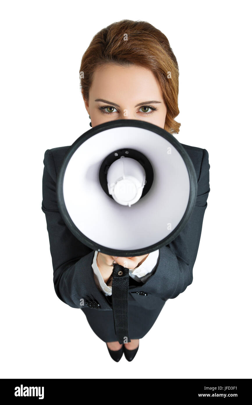 Funny business woman shouting with a megaphone over white background