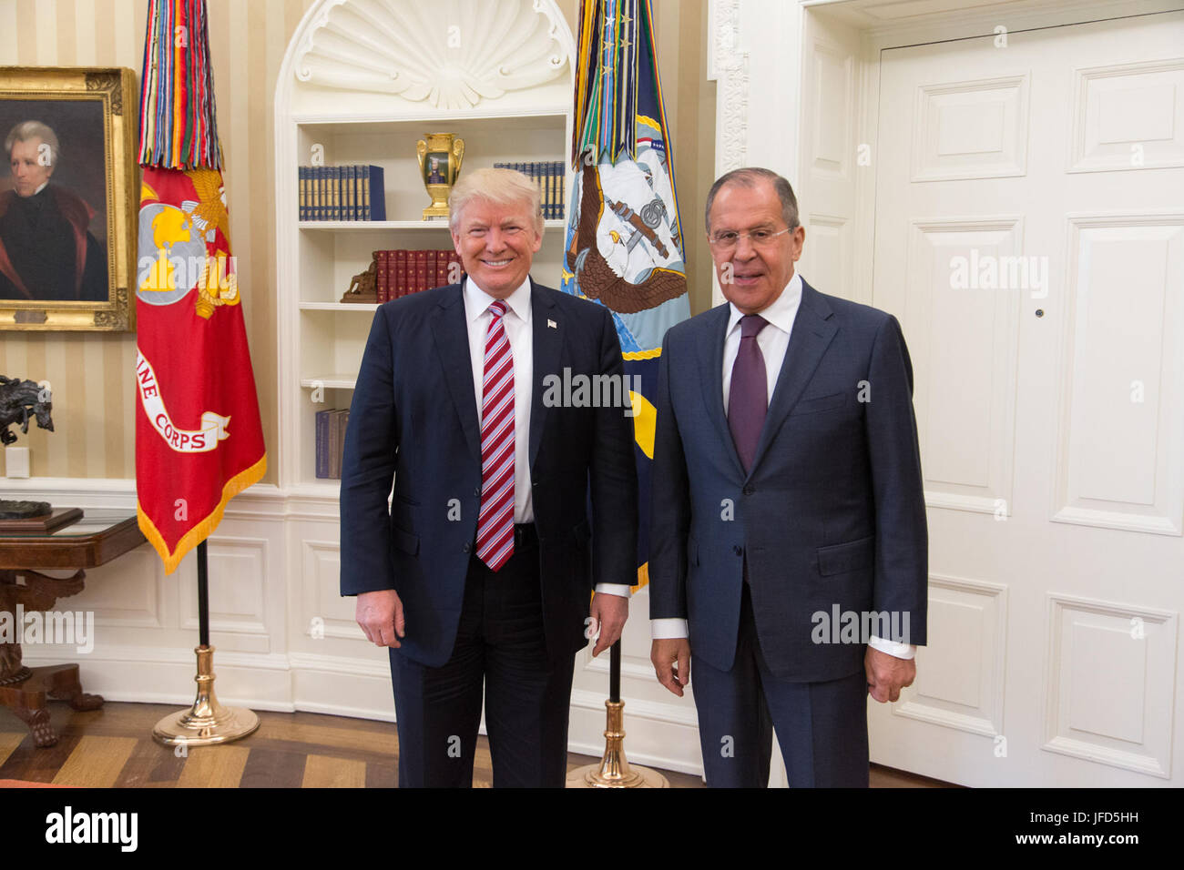 President Donald Trump speaks with Russian Foreign Minister Sergey Lavrov in the Oval Office, Wednesday, May 10, 2017, at the White House in Washington, D.C. (Official White House Photo by Shealah Craighead) Stock Photo