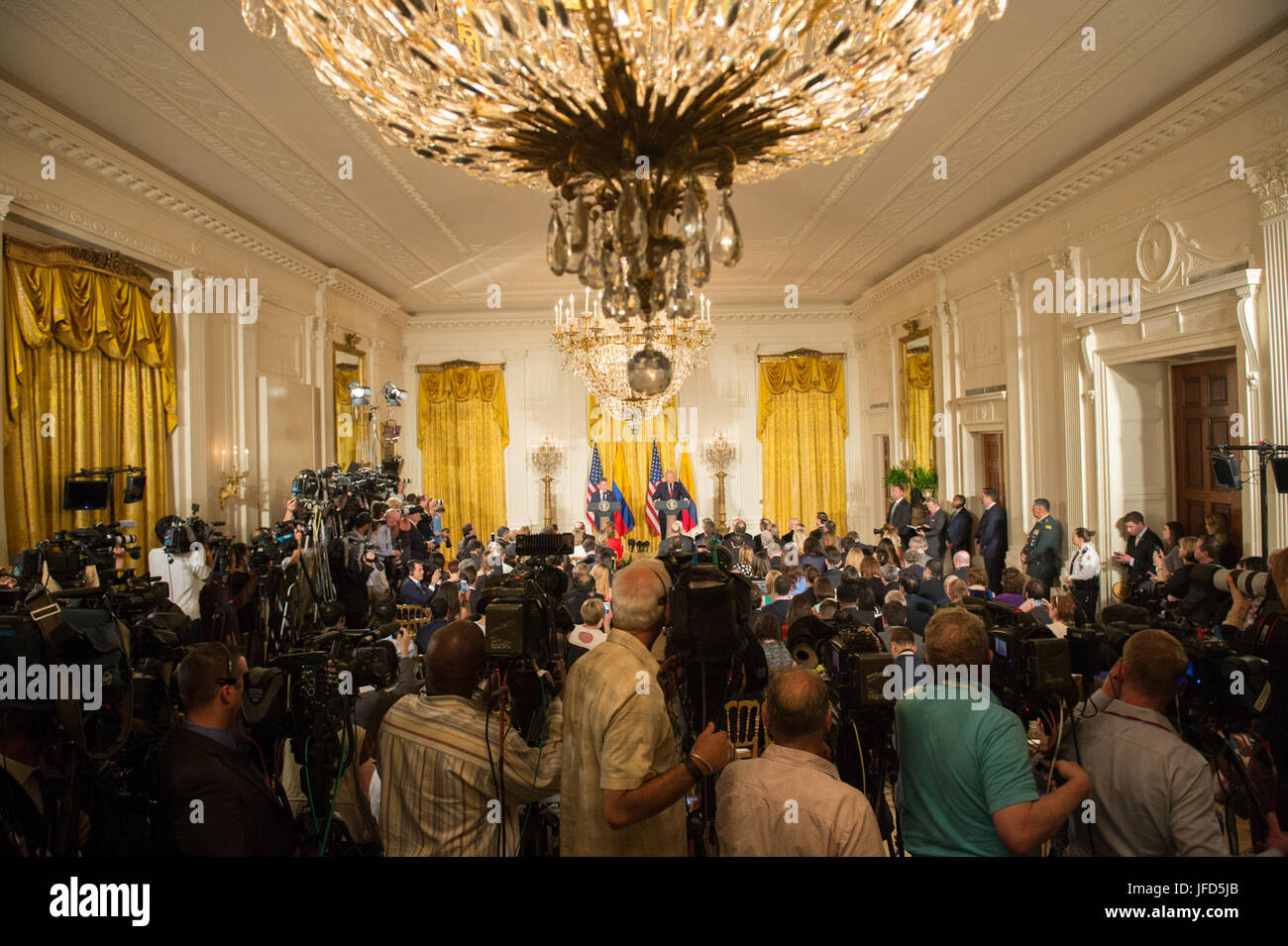 President Donald Trump and Colombian President Juan Manuel Santos participate in a joint press conference in the East Room of the White House, Thursday, May 18, 2017, in Washington, D.C. (Official White House Photo by Andrea Hanks) Stock Photo