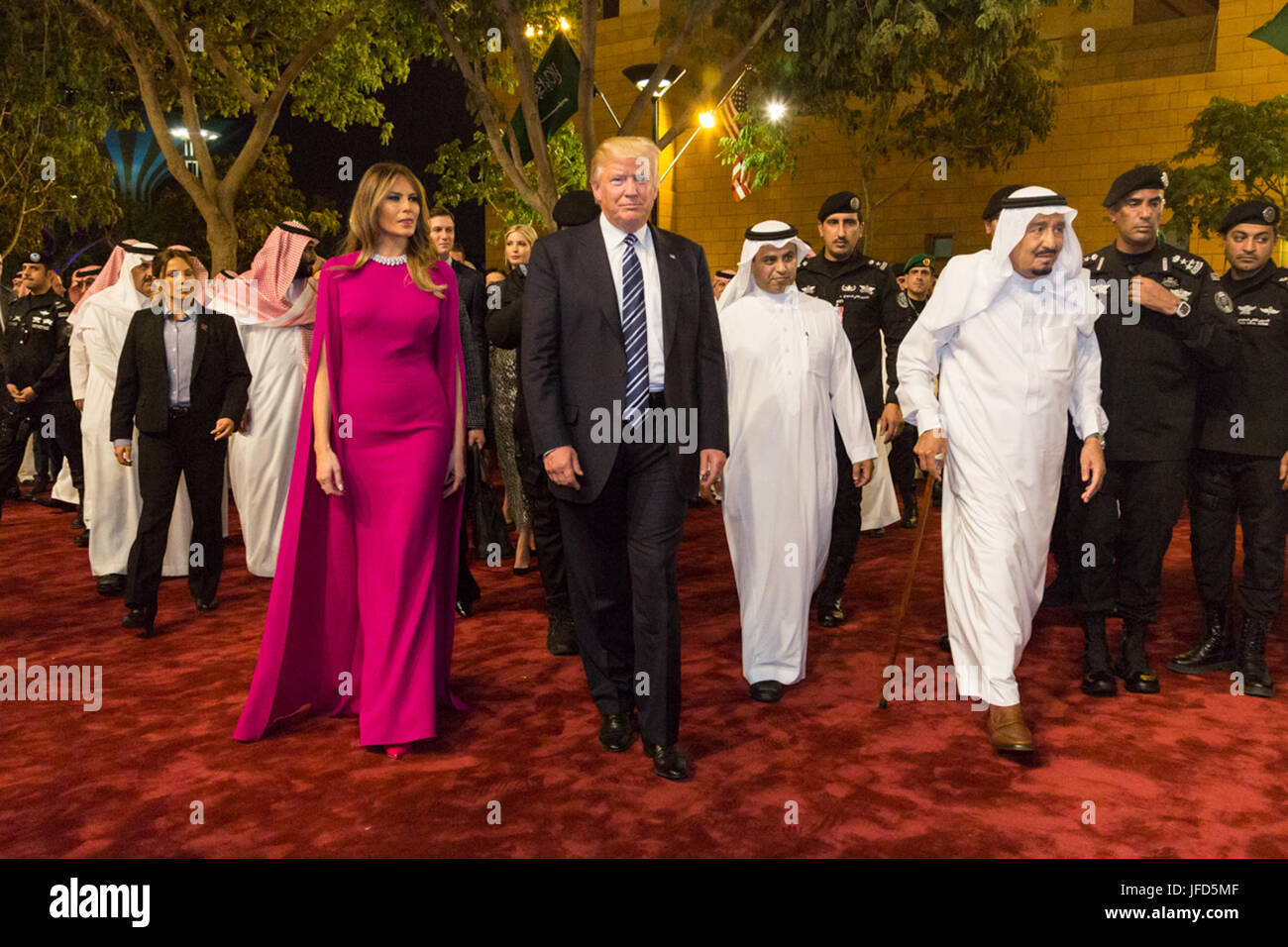 President Donald Trump and First Lady Melania Trump arrive to the Murabba  Palace, escorted by King Salman bin Abdulaziz Al Saud of Saudi Arabia,  Saturday evening, May 20, 2017, in Riyadh, Saudi
