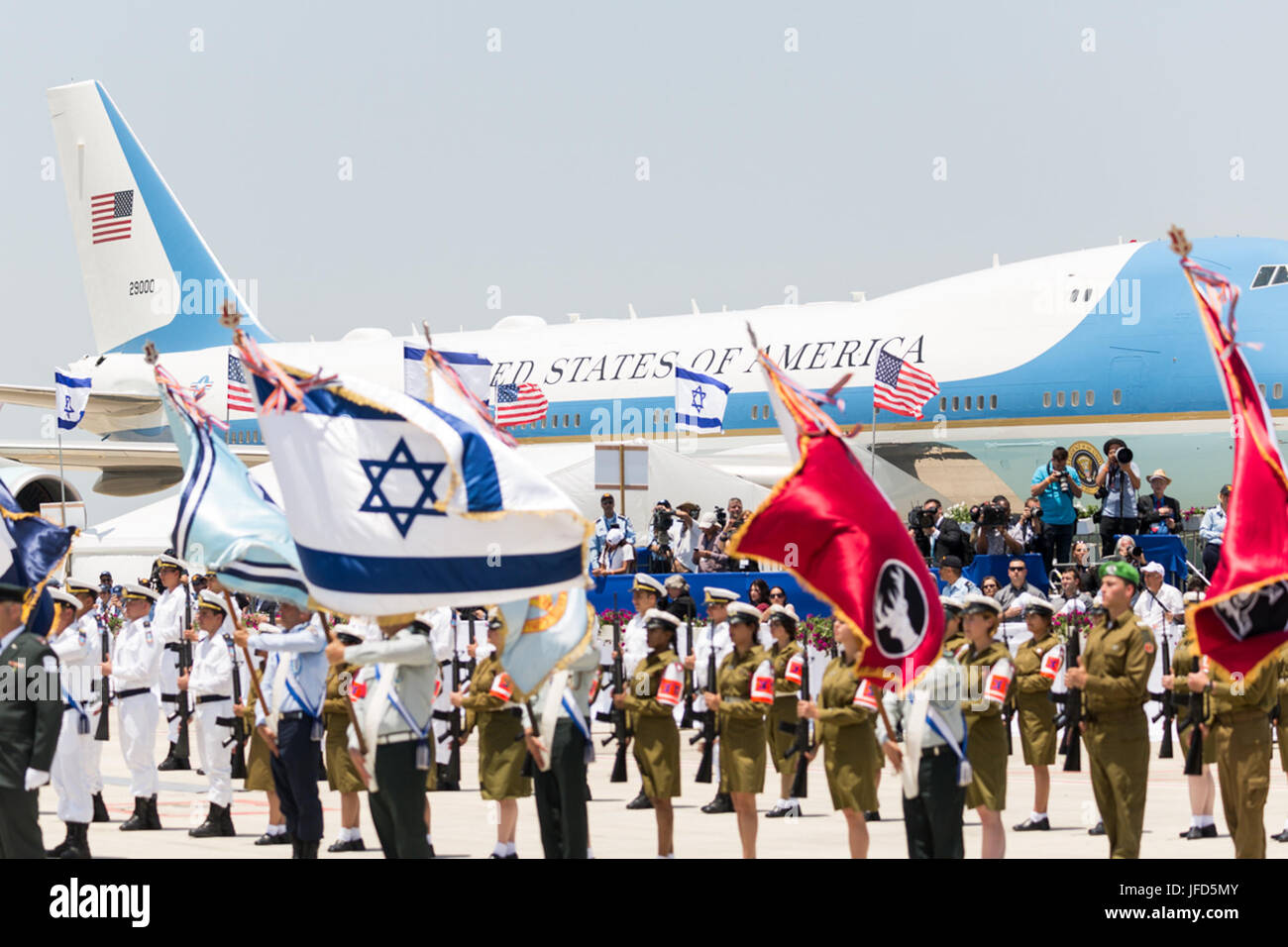 An Israeli Honor Guard and band are seen at the ceremony welcoming President Donald Trump and First Lady Melania Trump, Monday, May 22, 2017, at Ben Gurion Airport in Tel Aviv, Israel. (Official White House Photo by Shealah Craighead) Stock Photo