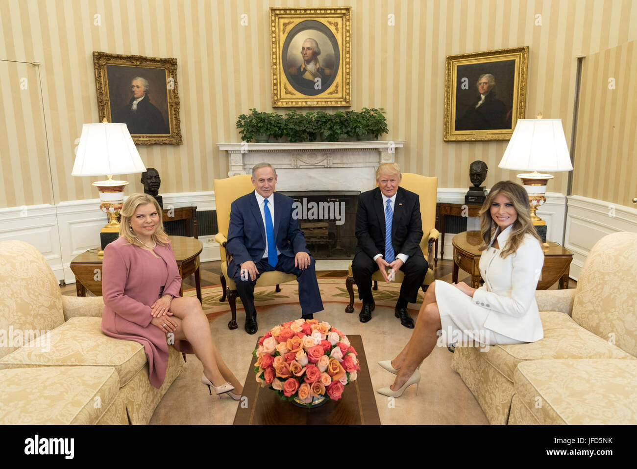 President Donald Trump and First Lady Melania Trump meet with Israeli Prime Minister Benjamin Netanyahu, and his wife, Mrs. Sara Netanyahu, Wednesday, Feb. 15, 2017, in the Oval Office at the White House in Washington, D.C. (Official White House Photo by Shealah Craighead) Stock Photo