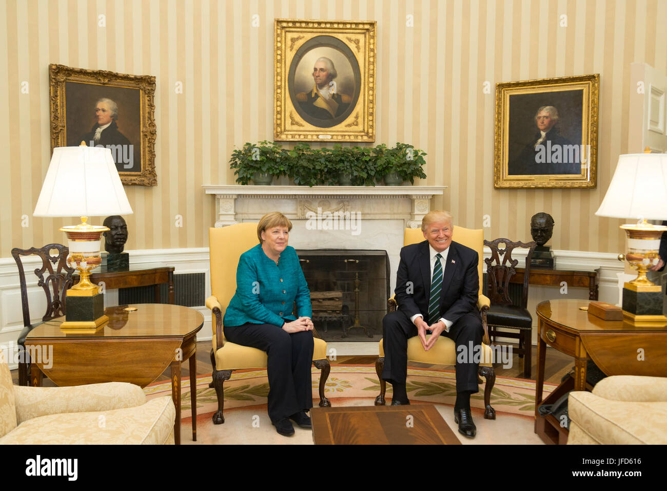 President Donald Trump meets with German Chancellor Angela Merkel, Friday, March 17, 2017, in the Oval Office of the White House in Washington, D.C. Stock Photo