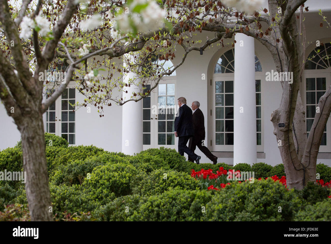 After a working lunch with Egyptian President Abdel Fattah al-Sisi, President Donald Trump and Vice President Mike Pence walk along the West Colonnade on Monday, April 3, 2017, en route to the Oval Office at the White House in Washington, D.C. (Official White House Photo by Benjamin Applebaum) Stock Photo