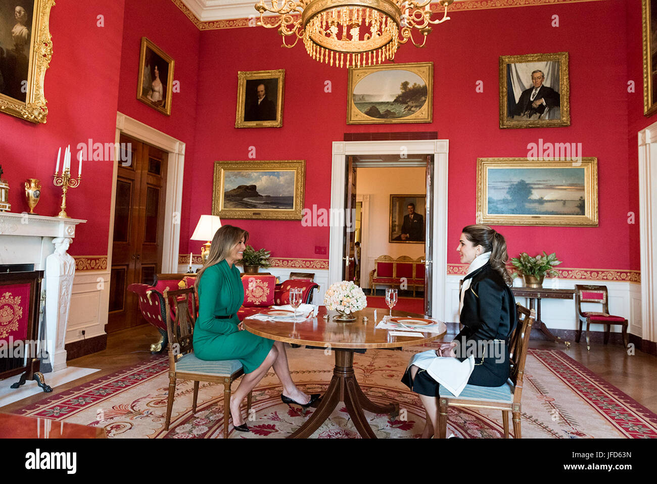 First Lady Melania Trump and Queen Rania Al-Abdullah of Jordan have lunch in the Red Room of the White House, Wednesday, April 5, 2017, in Washington, D.C. (Official White House Photo by Joyce Boghosian) Stock Photo