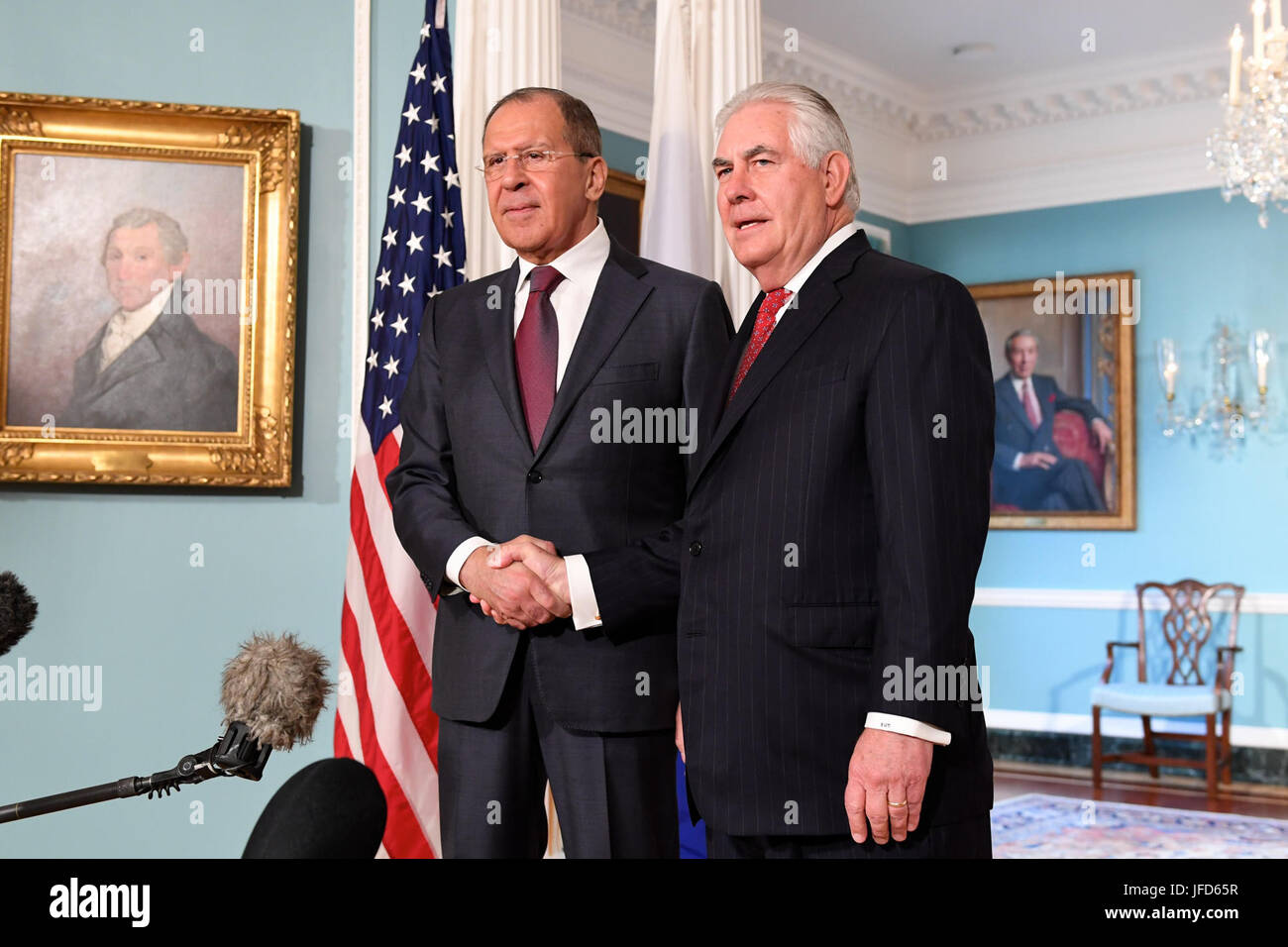 U.S. Secretary of State Rex Tillerson and Russian Foreign Minister Sergey Lavrov shake hands before their bilateral meeting at the U.S. Department of State in Washington, D.C., on May 10, 2017. Stock Photo