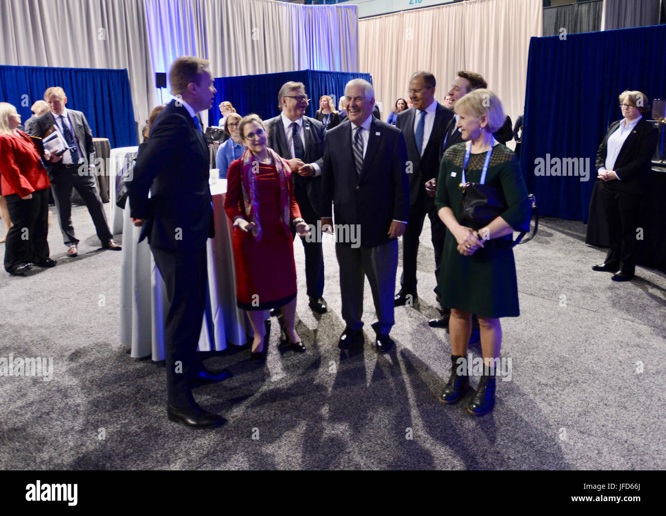 U.S. Secretary of State Rex Tillerson chats with representatives from the eight Arctic States upon arrival at the Carlson Center for the 10th Arctic Council Ministerial in Fairbanks, Alaska, on May 11, 2017. [U.S. Air Force photo / ] Stock Photo
