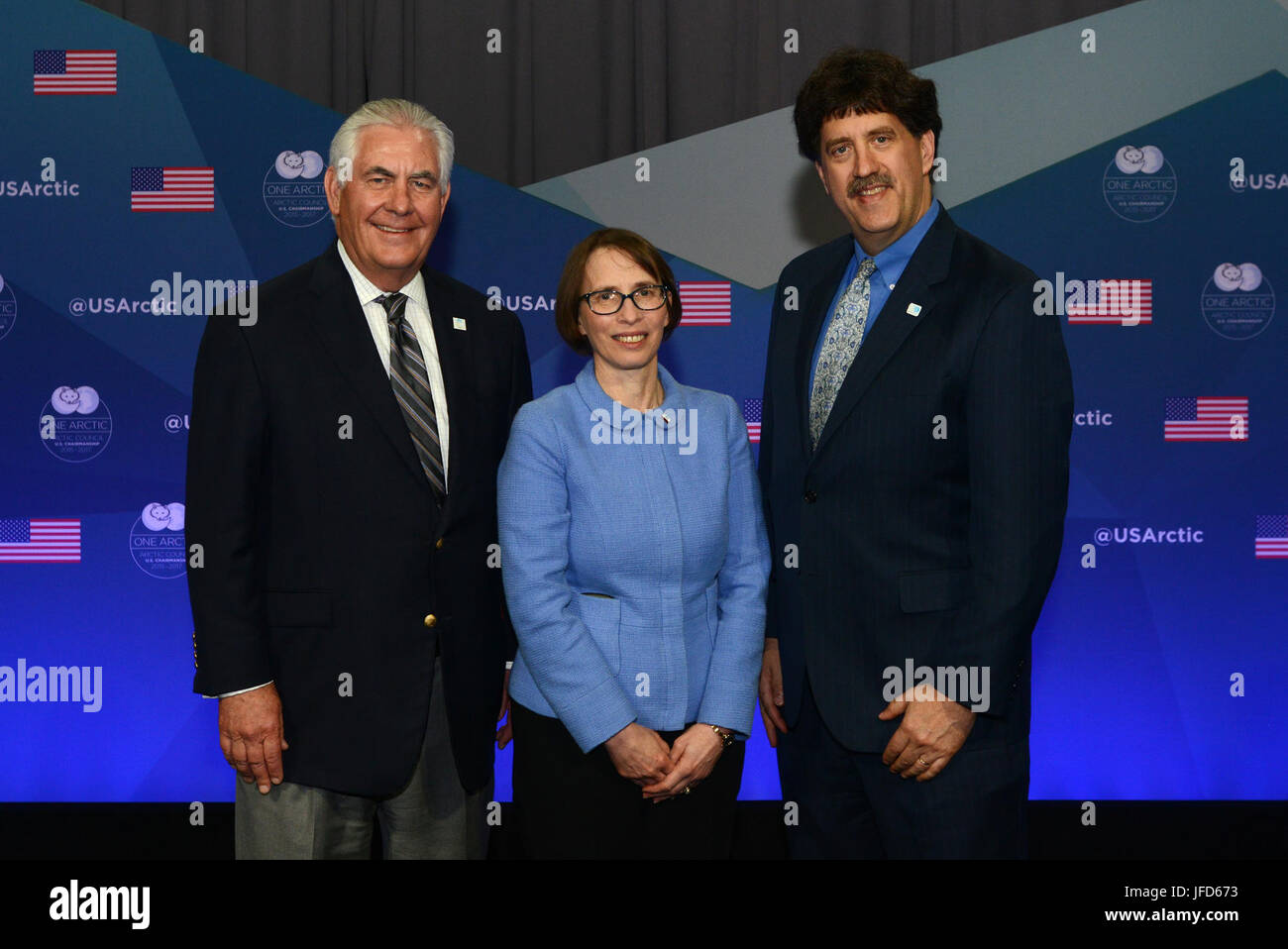 U.S. Secretary of State Rex Tillerson poses for a photo with Acting Assistant Secretary for Oceans and International Environmental and Scientific Affairs Judith Garber and Deputy Assistant Secretary for Oceans and Fisheries in the Bureau of Oceans and International Environmental and Scientific Affairs David Balton at the 10th Arctic Council Ministerial in Fairbanks, Alaska, on May 11, 2017. [U.S. Air Force photo/ ] Stock Photo