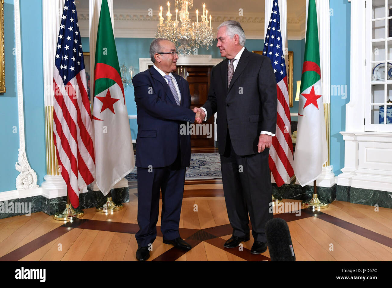 U.S. Secretary of State Rex Tillerson speaks with Algerian Foreign Minister Ramtane Lamamra before their bilateral meeting at the U.S. Department of State in Washington, D.C., on May 17, 2017. Stock Photo