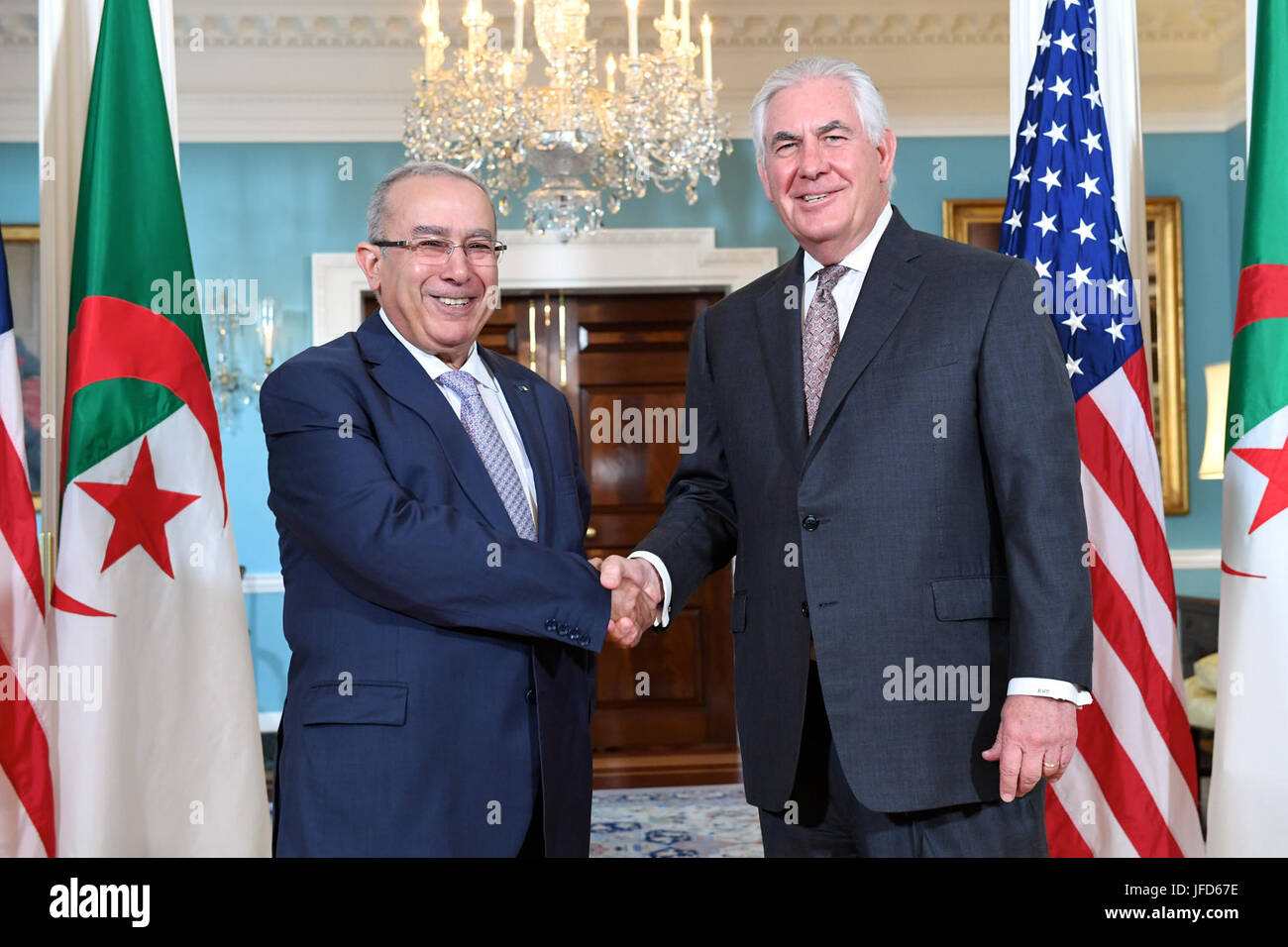 U.S. Secretary of State Rex Tillerson poses for a photo with Algerian Foreign Minister Ramtane Lamamra before their bilateral meeting at the U.S. Department of State in Washington, D.C., on May 17, 2017. Stock Photo