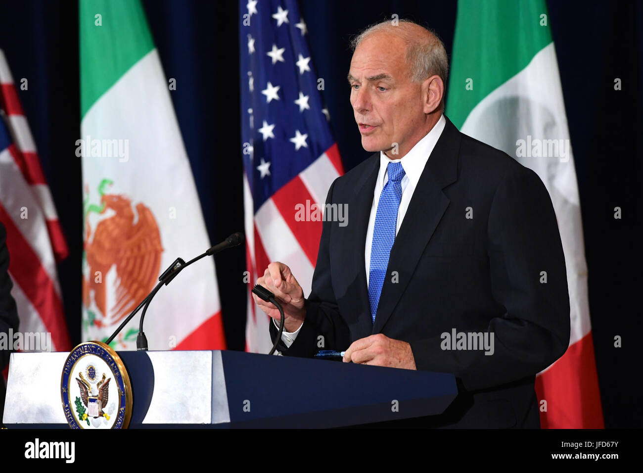 U.S. Secretary of Homeland Security John F. Kelly addresses reporters at a press conference with U.S. Secretary of State Rex Tillerson and their Mexican counterparts, Foreign Secretary Luis Videgaray Caso and Secretary of Government Miguel Angel Osorio Chong, following their high-level dialogue on strategies to combat transnational criminal organizations, at the U.S. Department of State in Washington, D.C., on May 18, 2017. Stock Photo