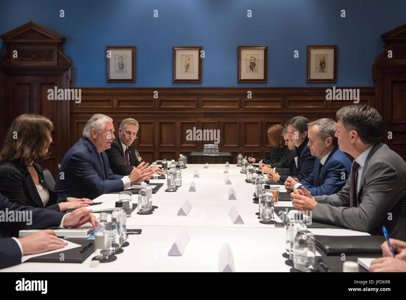 U.S. Secretary of State Rex Tillerson and U.S. Charge d'Affaires James Carouso meet with Australian Leader of the Opposition Bill Shorten and Cabinet members during the 2017 Australia Ministerial Consultations (AUSMIN) in Sydney, Australia, on June 5, 2017. [/ ] Stock Photo