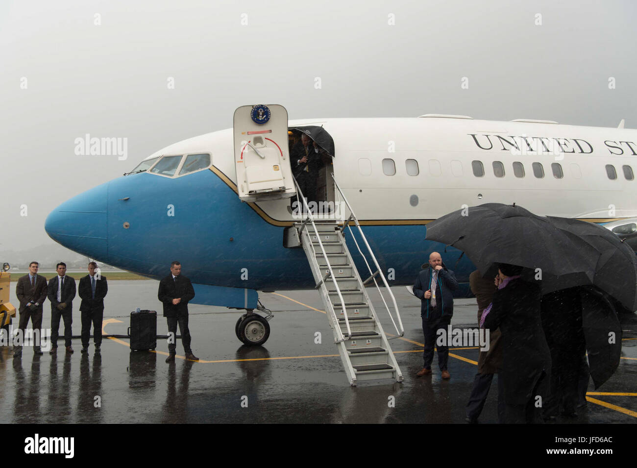 U.S. Secretary of State Rex Tillerson disembarks his plane upon arrival at Wellington International Airport in Wellington, New Zealand, on June 6, 2017. Stock Photo