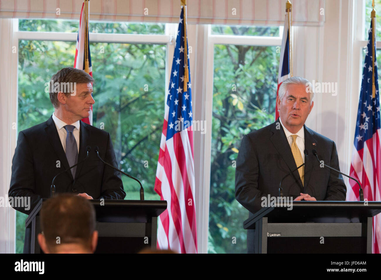 U.S. Secretary of State Rex Tillerson delivers remarks during a press conference with New Zealander Prime Minister Bill English in Wellington, New Zealand, on June 6, 2017. Stock Photo