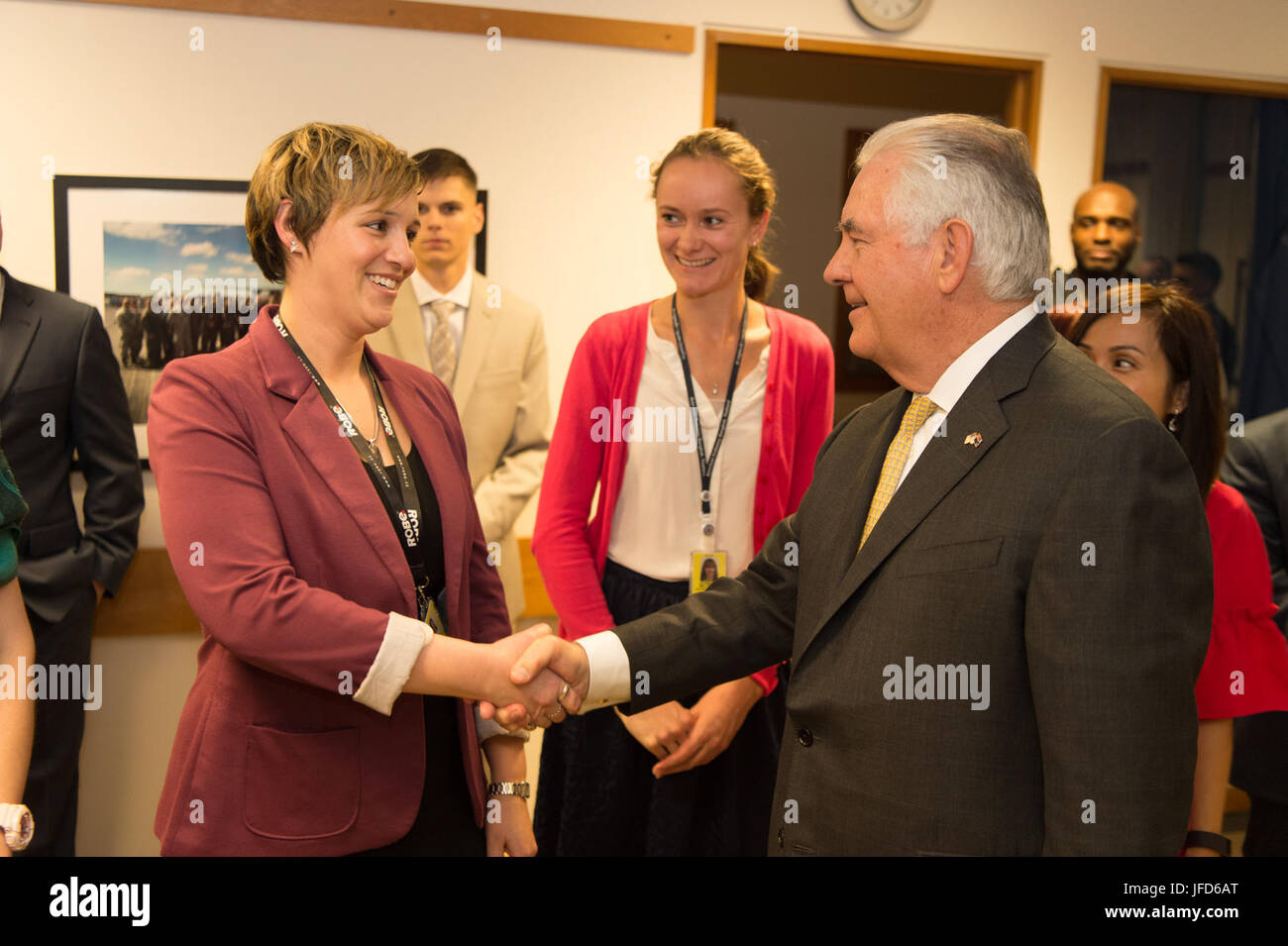 U.S. Secretary of State Rex Tillerson meets with U.S. Embassy colleagues in Wellington, New Zealand, on June 6, 2017. Stock Photo